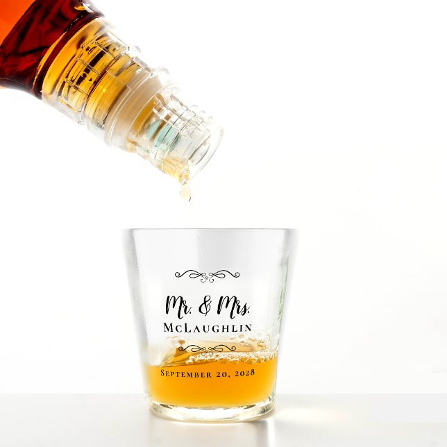 Mr & Mrs Wedding Favour Name Date Monogrammed Blac Shot Glass (Mr & Mrs Wedding Favor Name Date Monogrammed Black Shot Glass)