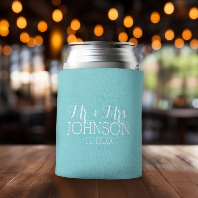 Mr & Mrs Wedding Favour - Pastel Teal Blue Can Cooler (Wedding and Anniversary Can Cooler - Personalize with names and dates)