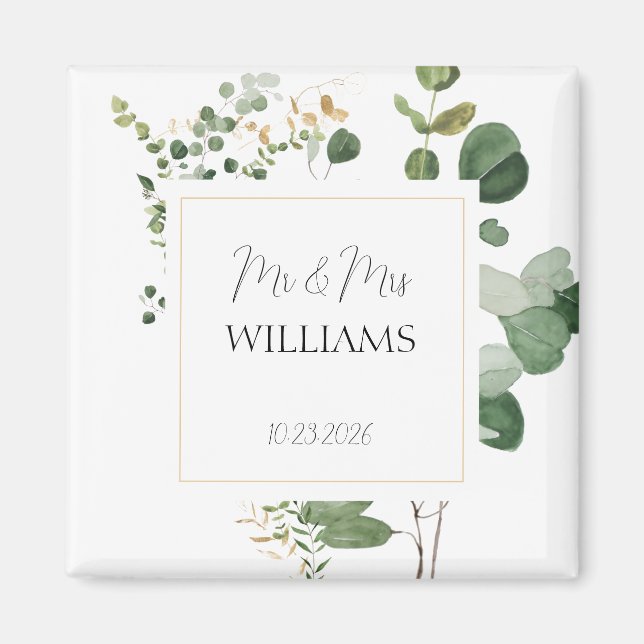 Mr & Mrs Wedding Greenery Gold Magnet Favour (Front)