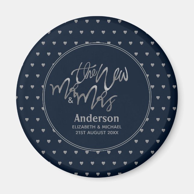 Mr & Mrs Wedding Navy Blue Silver Love Hearts Magnet (Front)