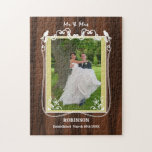 Mr | Mrs Wedding Photo Framed Template Jigsaw Puzzle<br><div class="desc">Lovely gift idea for the newlywed bride and groom,  rustic woodgrain effect and cute flourished white frame. Don't forget to customize with the happy couples titles,  name and the date their marriage was established</div>