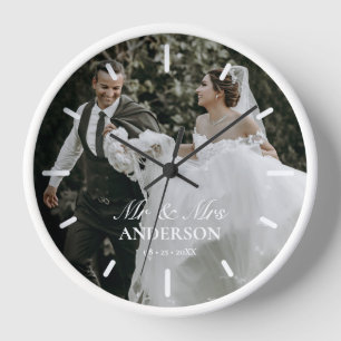 Mr & Mrs Wedding Photo Personalized Round Clock 