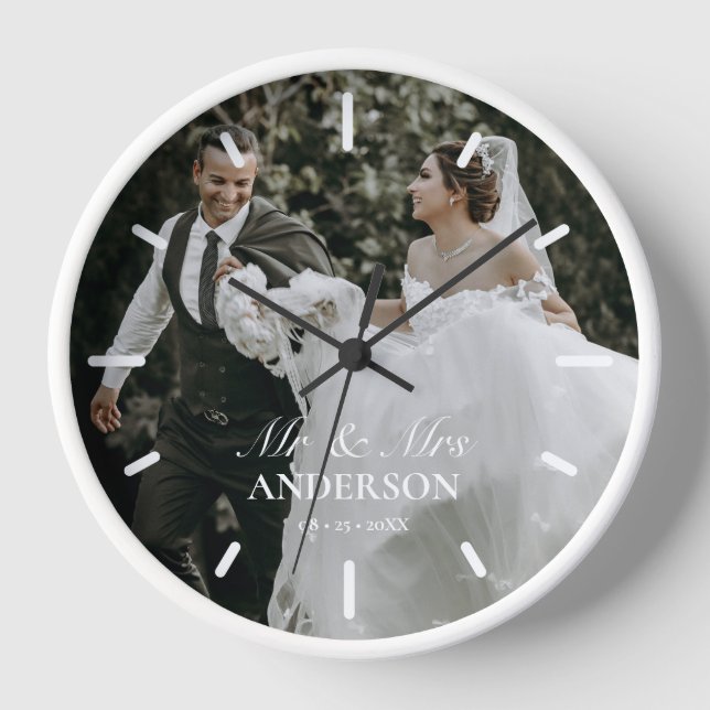 Mr & Mrs Wedding Photo Personalized Round Clock  (Front)