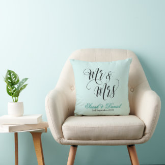 Mr & Mrs Wedding Pillow Keepsake Gift blue green 