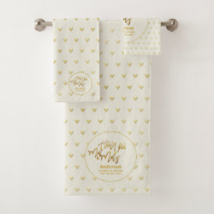 Mr & Mrs Wedding Towels Gold Love Hearts Keepsake