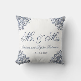 Mr. & Mrs. Wedding White Blue Elegant Script Throw Pillow