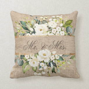 Mr & Mrs White Gold Botanical Floral Linen Rustic Throw Pillow