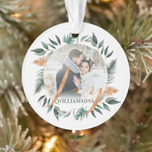 Mr & Mrs Winter Sage Greenery & Copper Two Photo Ornament