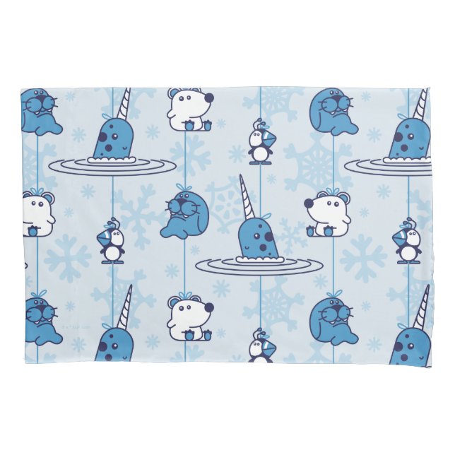 Mr. Narwhal Blue Snowflake Pattern Pillowcase (Front)