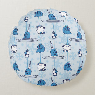 Mr. Narwhal Blue Snowflake Pattern Round Pillow