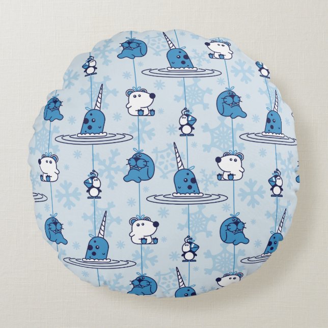 Mr. Narwhal Blue Snowflake Pattern Round Pillow (Front)