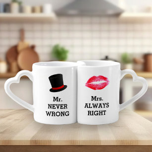 Mr Never Wrong, Mrs Always Right Funny Couple Coffee Mug Set