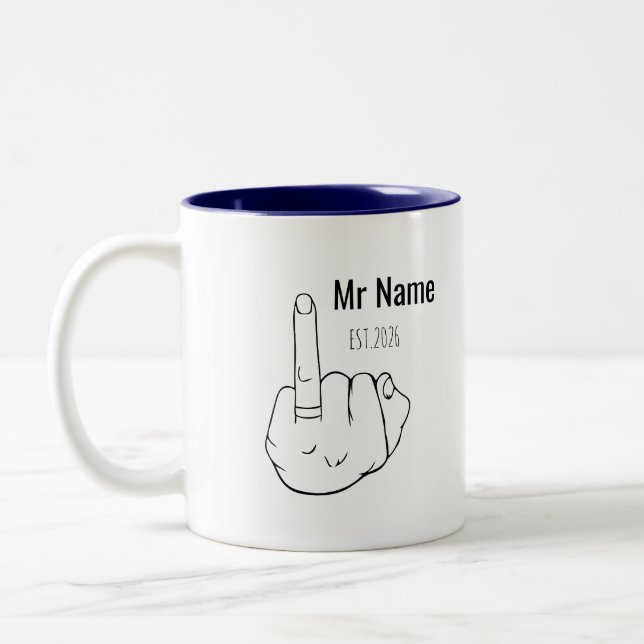 Mr Newly Wed Personalised Engagement Ring Finger  Two-Tone Coffee Mug (Left)