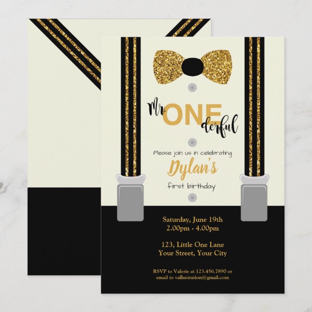 Mr One derful black and gold bow tie Invitation (Front/Back)