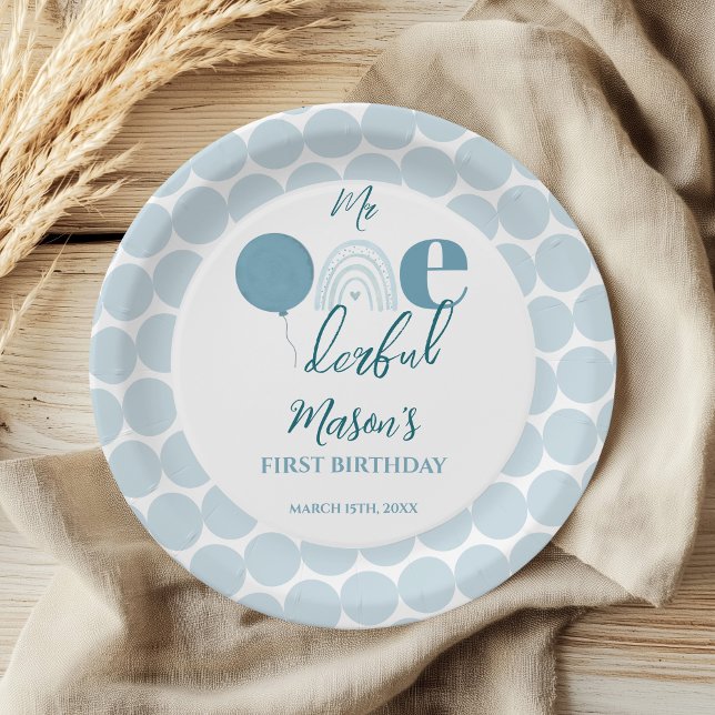 Mr One derful Blue Balloon First Birthday Paper Plate (Creator Uploaded)