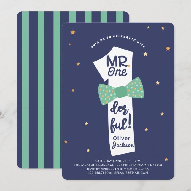 Mr One derful Bowtie Navy & Green 1st Birthday Invitation (Front/Back)
