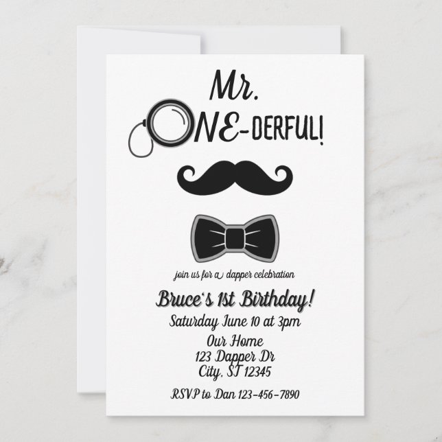 Mr. ONE-derful moustache and bowtie 1st birthday Invitation (Front)