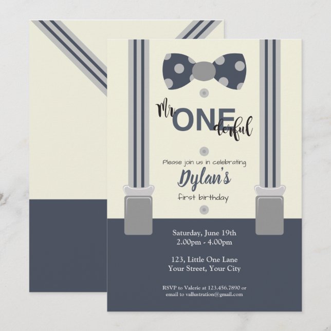 Mr One derful navy and grey bow tie Invitation (Front/Back)