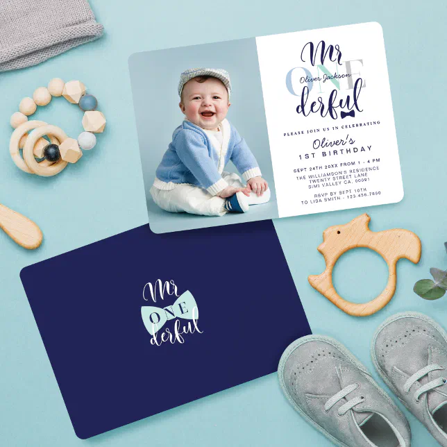 Mr One derful Navy & Blue 1st Birthday Photo Invitation | Zazzle