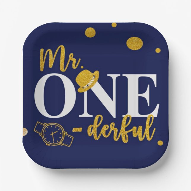Mr. One-derful Navy Blue and Gold Birthday Party N Paper Plate (Front)