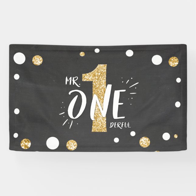 Mr Onederful Birthday Banner Boy Black Gold (Horizontal)
