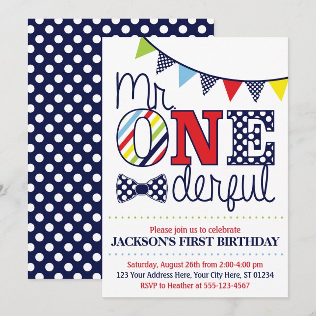 Mr. ONEderful Birthday Invitation (Front/Back)