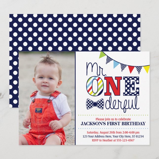 Mr ONEderful Birthday Invitation avec photo (Devant / Derrière)