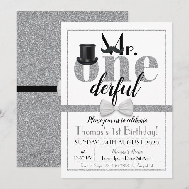 Mr. Onederful Birthday Invitation Black & White (Front/Back)