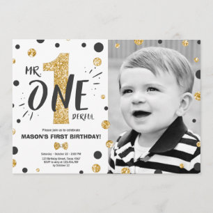 Mr onederful birthday invitation Boy Black Gold
