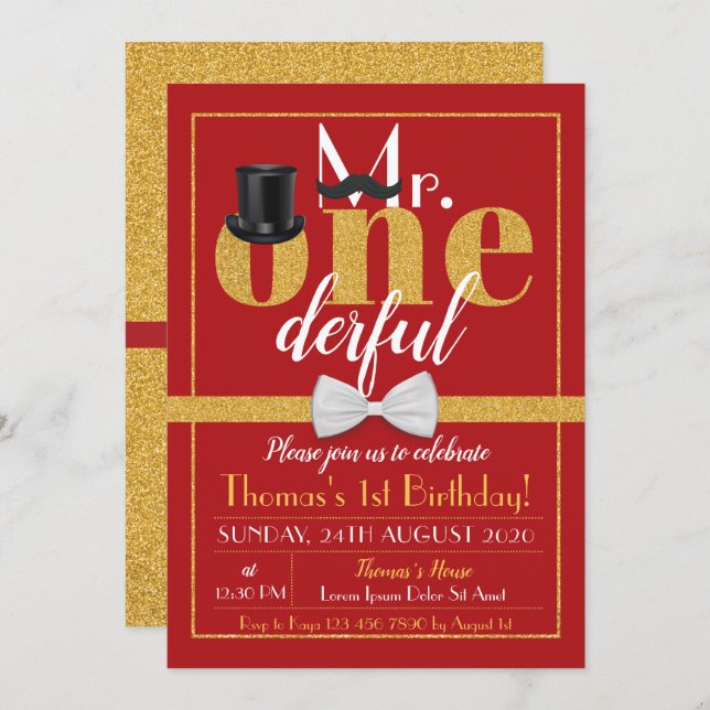 Mr. Onederful Birthday Invitation Red & Gold (Front/Back)