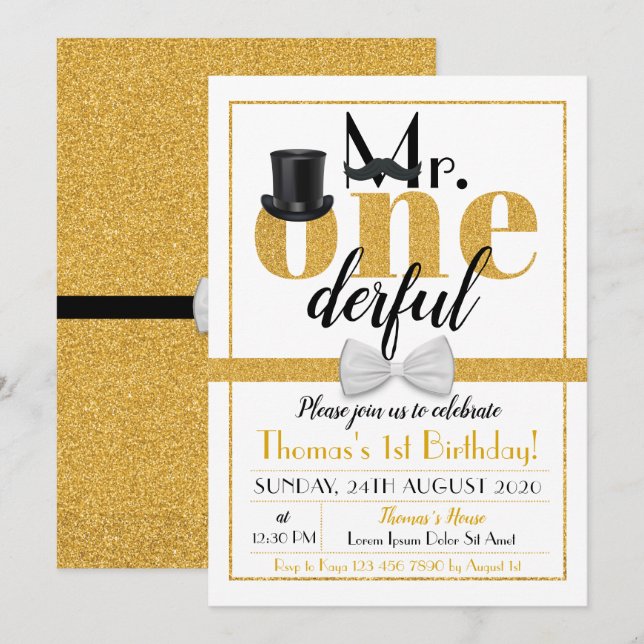 Mr. Onederful Birthday Invitation White & Gold (Front/Back)