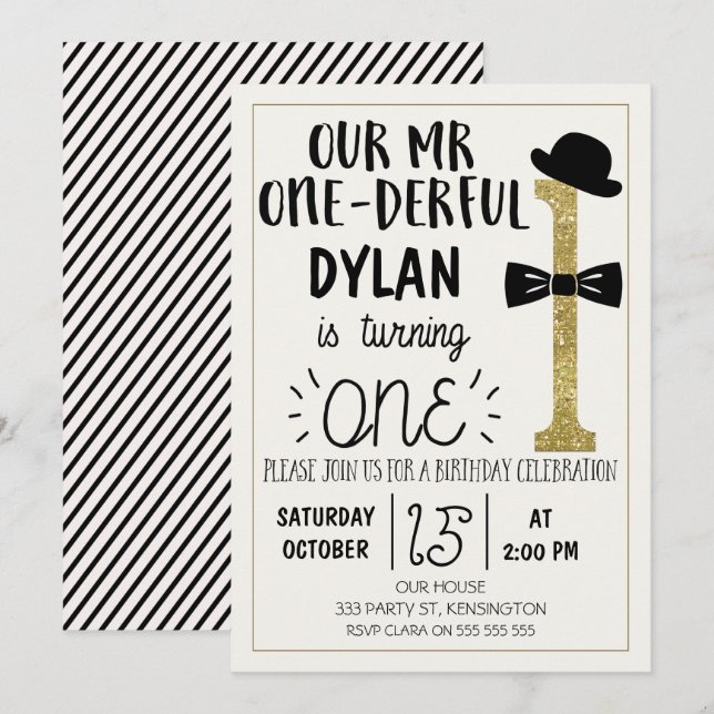 Mr ONEderful Birthday Invitation With faux Gold (Front/Back)
