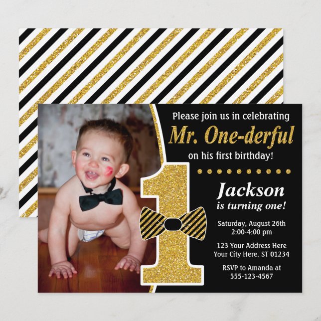 Mr. ONEderful Birthday Invitation with Photo (Front/Back)