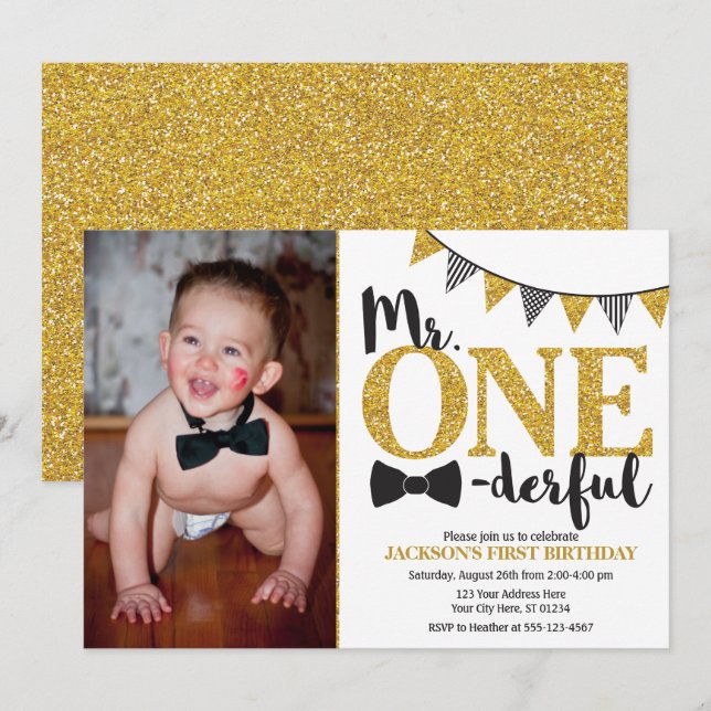 Mr. ONEderful Birthday Invitation with Photo (Front/Back)