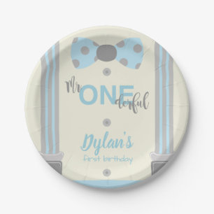 Mr Onederful blue and grey bow tie Paper Plate