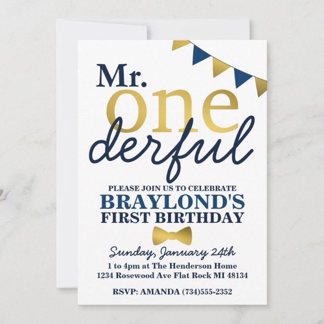 Mr Onederful Blue & Gold 1st Birthday Invitation (Front)