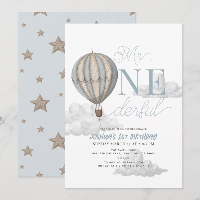 Mr. Onederful Blue Hot Air Balloon 1st Birthday Invitation (Front/Back)