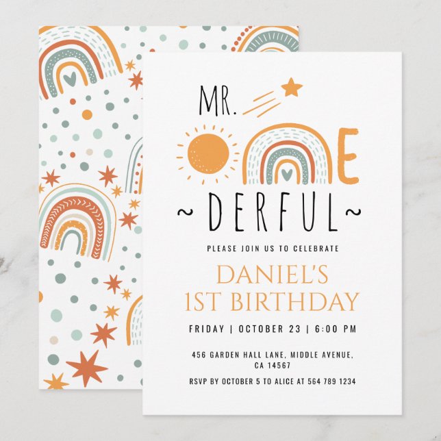 MR Onederful Boho Rainbow First Birthday Boy  Invitation (Front/Back)