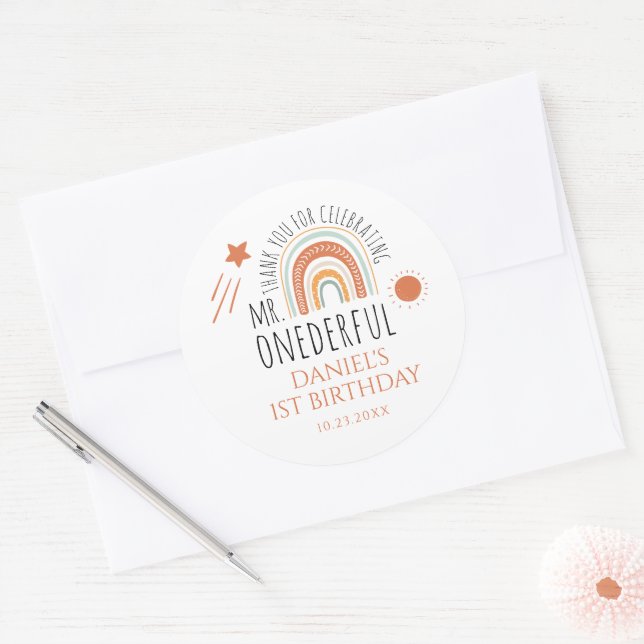 MR Onederful Boho Rainbow First Birthday  Classic Round Sticker (Envelope)