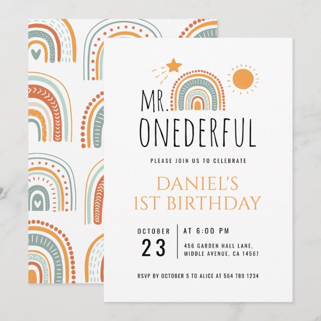 MR Onederful Boho Rainbow First Birthday Invitation (Front/Back)