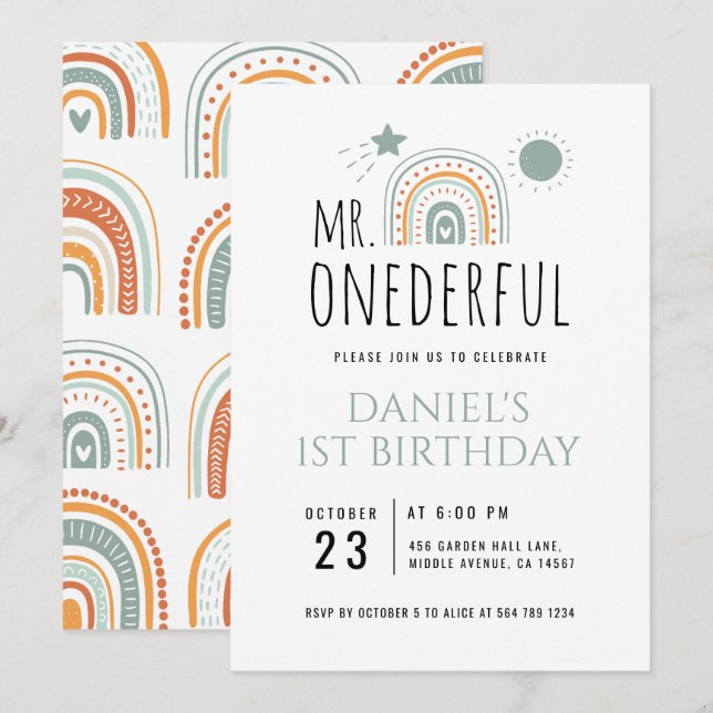 MR Onederful Boho Rainbow First Birthday Invitation (Front/Back)
