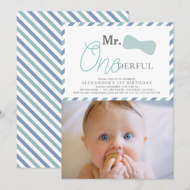 Mr. ONEderful Boy Blue Photo 1st Birthday Invitation (Front/Back)