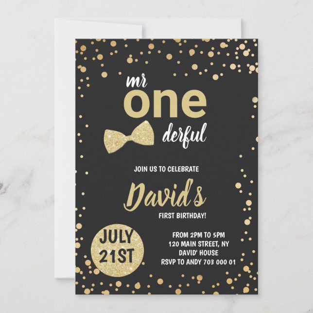 Mr Onederful Boy First Birthday Black Gold Elegant Invitation (Front)