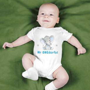 Mr Onederful First 1st Birthday Blue Boy Elephant Baby Bodysuit