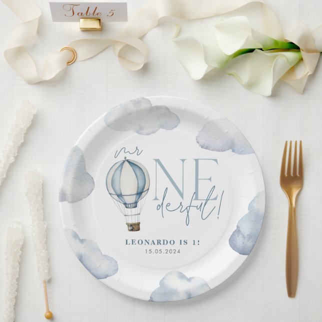 Mr ONEderful Hot Air Ballon Boy 1st Birthday Blue Paper Plate (Wedding)