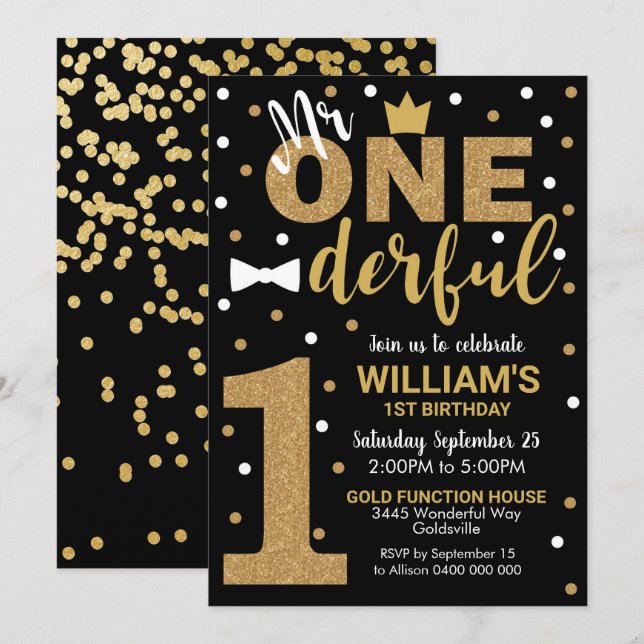Mr Onederful Invitation Black and Gold (Front/Back)