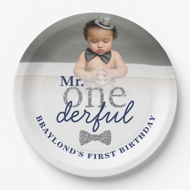 Mr Onederful Navy & Silver Birthday Paper Plates (Front)