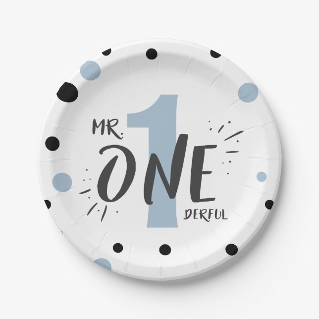 Mr Onederful Party Paper Plates Boy Baby Blue (Front)