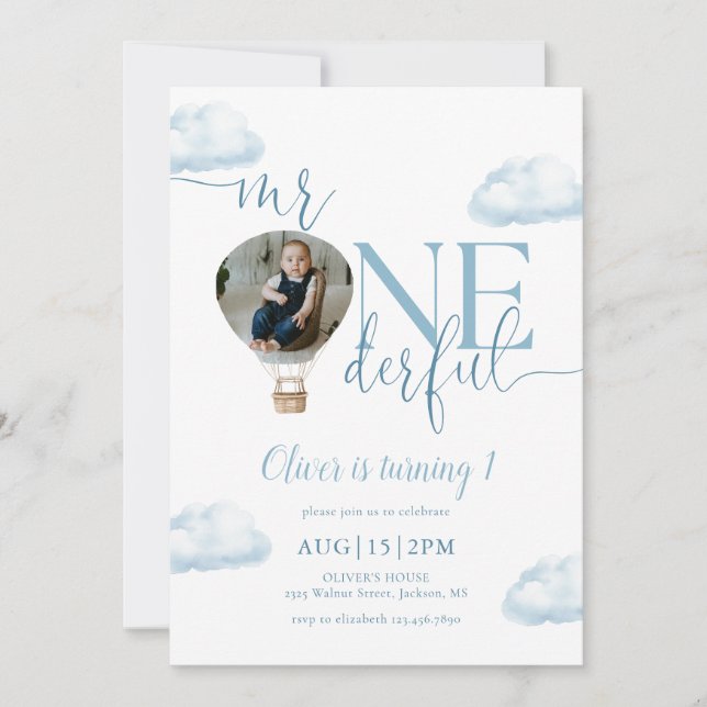 Mr Onederful Photo Hot Air Balloon 1st Birthday Invitation (Front)