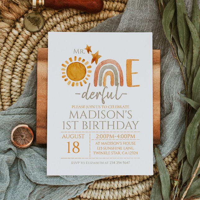 Mr. Onederful Watercolor Rainbow & Sunshine Boys  Invitation (Creator Uploaded)